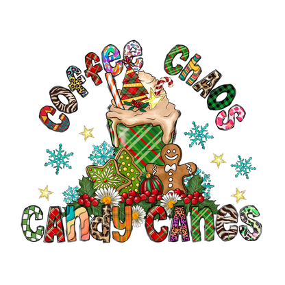 Festive illustration featuring a whimsical coffee cup surrounded by decorative elements like candy canes and gingerbread, celebrating holiday cheer.DTF Transfers dtf transfers