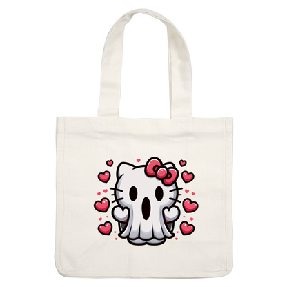 A cute, spooky character combines a skull design with Hello Kitty features, surrounded by colorful hearts for a playful touch.DTF Transfers heat press transfers