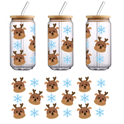 A playful pattern featuring adorable reindeer faces and blue snowflakes, perfect for festive holiday designs!UV Transfers dtf transfers