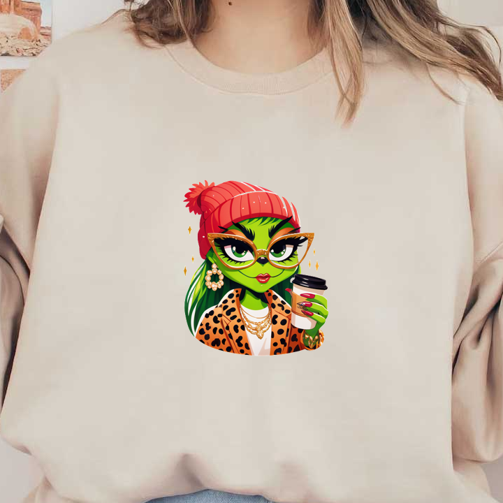 A stylish green-skinned character in a red beanie and leopard print jacket, holding a coffee cup with flair.DTF Transfersdtf regular iron