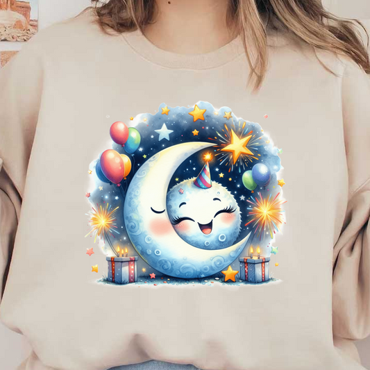 A whimsical, colorful illustration featuring a smiling moon wearing a party hat, surrounded by stars, balloons, and festive decorations.DTF Transfers