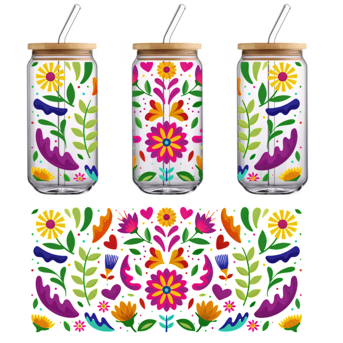 A vibrant and colorful floral pattern featuring various flowers, leaves, and hearts in playful, bold shades.UV Transfers dtf prints