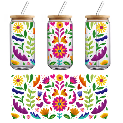 A vibrant and colorful floral pattern featuring various flowers, leaves, and hearts in playful, bold shades.UV Transfers dtf prints