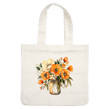 A beautiful arrangement of orange and white flowers in a glass jar, surrounded by lush green leaves and delicate blossoms. heat press transfers