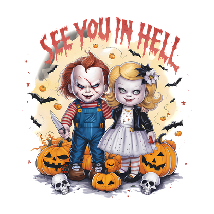 A whimsical Halloween design featuring two creepy doll-like characters with pumpkins and bats, captioned "See You in Hell." dtf prints