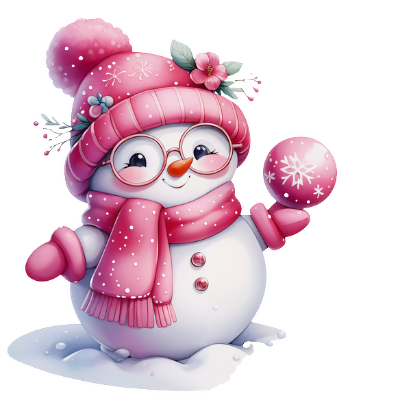 A cheerful snowman dressed in a pink scarf and hat, complete with glasses and holding a snowy pink ornament.dtf regular iron