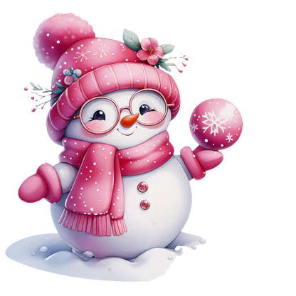 A cheerful snowman dressed in a pink scarf and hat, complete with glasses and holding a snowy pink ornament.dtf regular iron