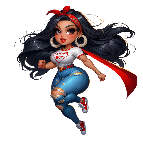 Un personaje de dibujos animados inspirado en superhéroes con cabello largo, vistiendo una camiseta de “SUPER MAMÁ”, jeans rotos y una capa roja vibrante.