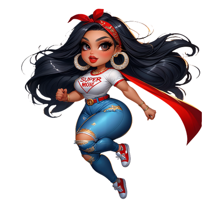 Un personaje de dibujos animados inspirado en superhéroes con cabello largo, vistiendo una camiseta de “SUPER MAMÁ”, jeans rotos y una capa roja vibrante.