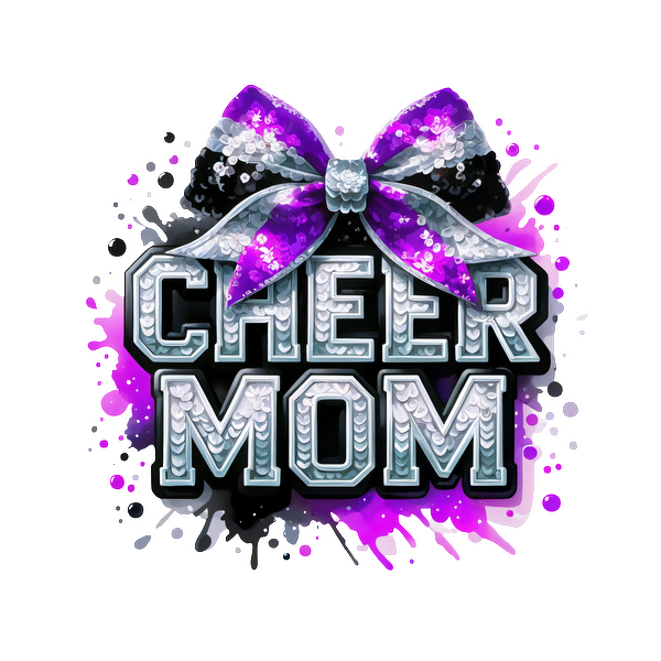 Bright and playful "Cheer Mom" graphic featuring a sparkly black and purple bow, perfect for celebrating cheerleading enthusiasts!DTF Transfers dtf transfers