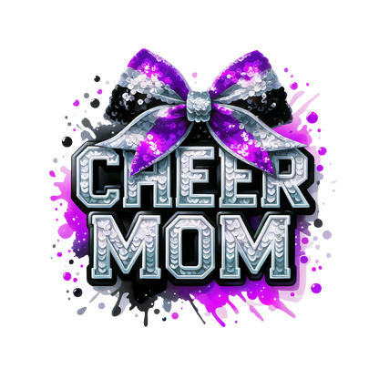 Bright and playful "Cheer Mom" graphic featuring a sparkly black and purple bow, perfect for celebrating cheerleading enthusiasts!DTF Transfers dtf transfers