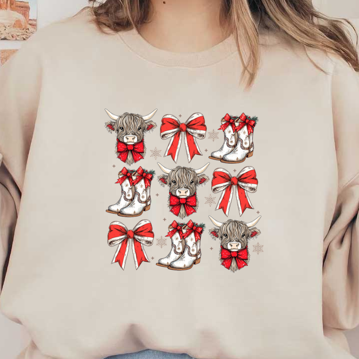 Un diseño festivo con lindas vacas de las Tierras Altas, botas blancas y lazos rojos, perfecto para decoraciones o prendas navideñas.