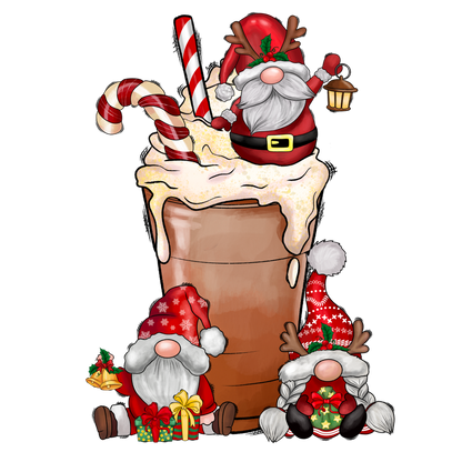 A festive illustration featuring adorable gnomes and Santa enjoying a giant holiday-themed drink topped with whipped cream and candy canes.DTF Transfersdtf regular irondtf regular iron