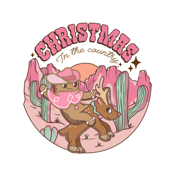 A whimsical holiday design featuring a cowboy bear and a festive deer in a colorful desert landscape, perfect for Christmas cheer.dtf regular iron