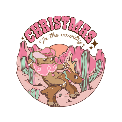 A whimsical holiday design featuring a cowboy bear and a festive deer in a colorful desert landscape, perfect for Christmas cheer.dtf regular iron