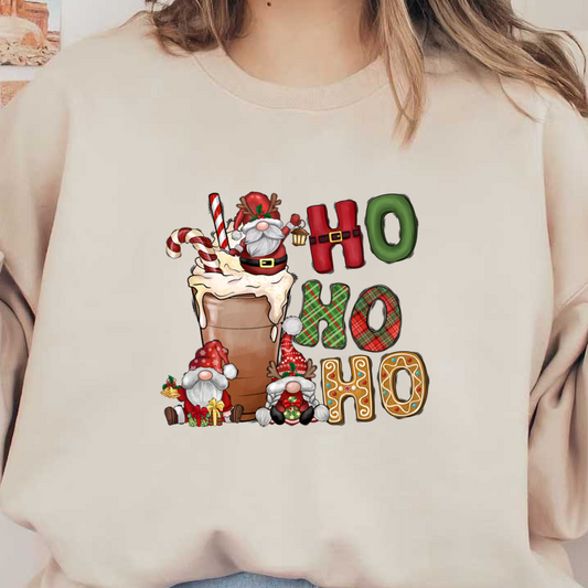 A festive illustration featuring cheerful gnomes and Santa around a delicious holiday drink, complete with vibrant "Ho Ho Ho" lettering.DTF Transfers heat press transfersdtf regular iron