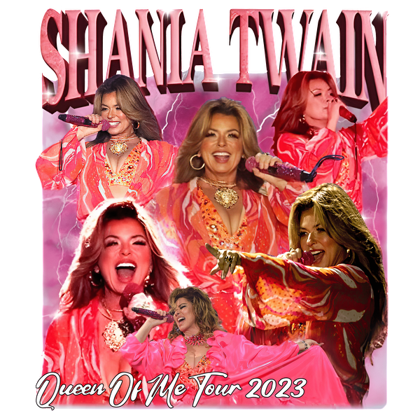 A vibrant collage of Shania Twain performing in a stunning pink outfit during her Queen Of Me Tour 2023.DTF Transfersdtf regular iron