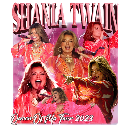A vibrant collage of Shania Twain performing in a stunning pink outfit during her Queen Of Me Tour 2023.DTF Transfersdtf regular iron
