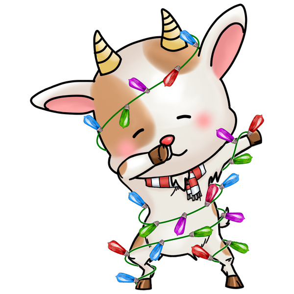 A cute cartoon goat playfully wrapped in colorful Christmas lights, wearing a striped scarf and sporting adorable horns. heat press transfers