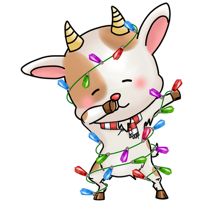 A cute cartoon goat playfully wrapped in colorful Christmas lights, wearing a striped scarf and sporting adorable horns. heat press transfers