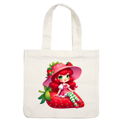 A whimsical cartoon character with red hair, wearing a pink hat adorned with strawberries, sitting on a large, vibrant strawberry.DTF Transfers