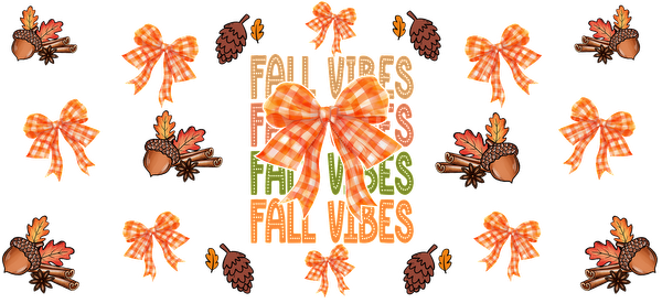 Celebrate autumn with this cheerful design featuring vibrant orange bows, acorns, and the words "Fall Vibes" in a festive style.UV Transfers heat press transfers