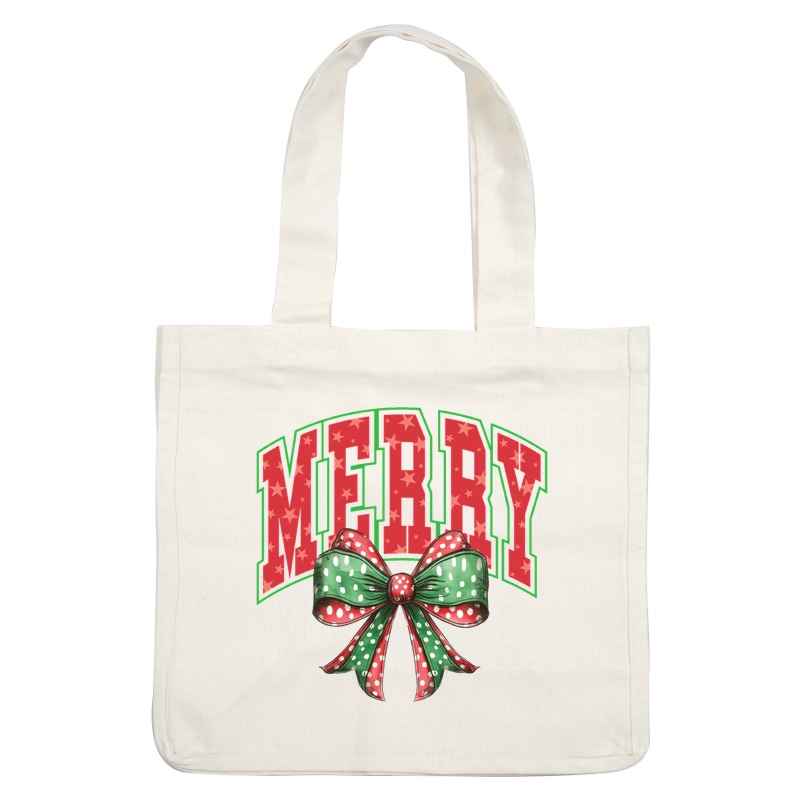 A festive design featuring the word "MERRY" in red with star patterns, topped with a green and red polka-dotted bow. heat press transfers