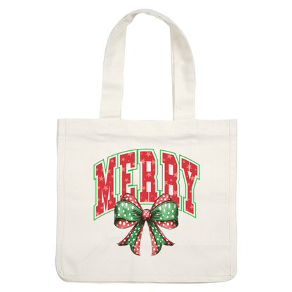 A festive design featuring the word "MERRY" in red with star patterns, topped with a green and red polka-dotted bow. heat press transfers