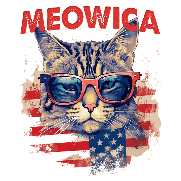 Una divertida ilustración de un gato con gafas de sol sobre un fondo de la bandera estadounidense, titulada "Meowica".