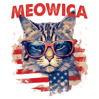 Una divertida ilustración de un gato con gafas de sol sobre un fondo de la bandera estadounidense, titulada "Meowica".