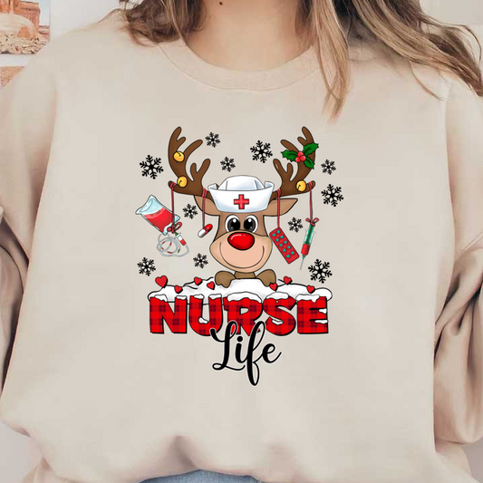 Embrace the festive spirit with this cute reindeer in a nurse hat, celebrating "Nurse Life" with holiday cheer!DTF Transfers