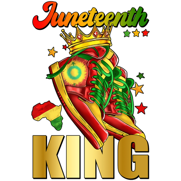 Celebrate Juneteenth in style with vibrant red and green sneakers topped with a golden crown, exuding royalty and pride. dtf prints