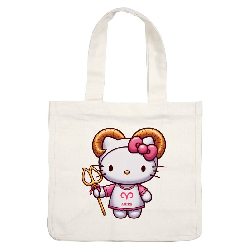 Cute Aries-themed Hello Kitty character featuring golden ram horns, a pink bow, and a trident, wearing a matching dress.DTF Transfers heat press transfers