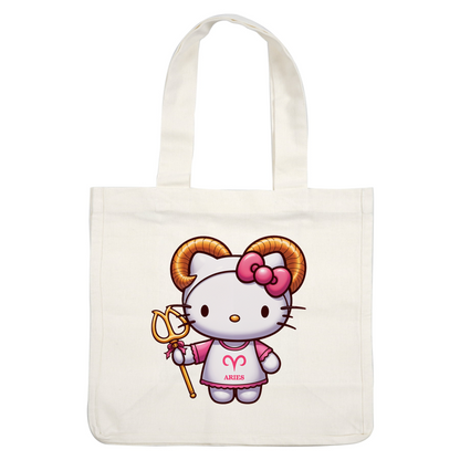 Cute Aries-themed Hello Kitty character featuring golden ram horns, a pink bow, and a trident, wearing a matching dress.DTF Transfers heat press transfers