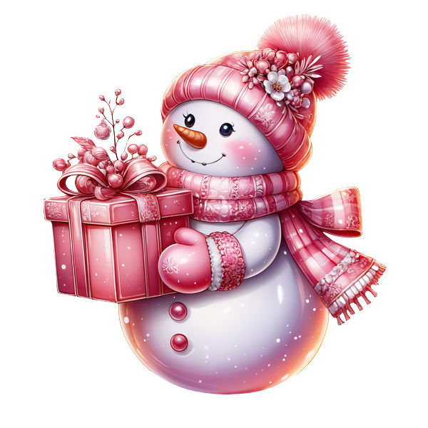 A cheerful snowman in a pink knitted hat and scarf holds a festive pink gift, adorned with flowers and snowflakes.dtf regular iron