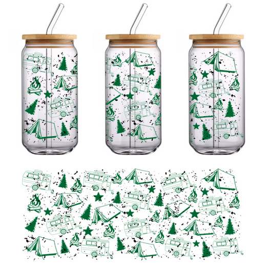 A whimsical green pattern featuring vintage campers, tents, trees, and stars, perfect for outdoor and camping enthusiasts.UV Transfersdtf regular iron