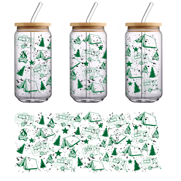 A whimsical green pattern featuring camping trailers, tents, trees, and stars, perfect for outdoor-themed designs.UV Transfers dtf transfers