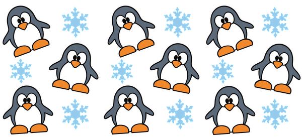 A cheerful pattern featuring cute cartoon penguins and blue snowflakes, perfect for winter-themed designs and decorations.UV Transfers heat press transfers