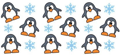 A cheerful pattern featuring cute cartoon penguins and blue snowflakes, perfect for winter-themed designs and decorations.UV Transfers heat press transfers