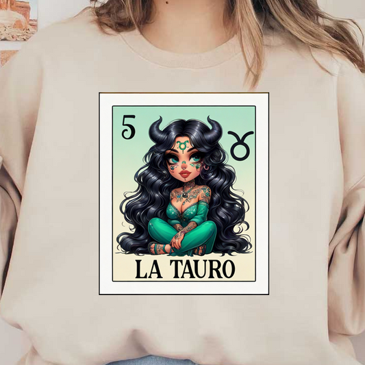 Una ilustración colorida de una mujer con cabello largo y suelto y símbolos de Tauro, que encarna el signo del zodíaco en un atuendo vibrante.