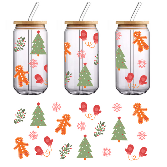 A cheerful holiday pattern featuring colorful gingerbread men, Christmas trees, mittens, snowflakes, and festive greenery, perfect for seasonal decor.UV Transfers