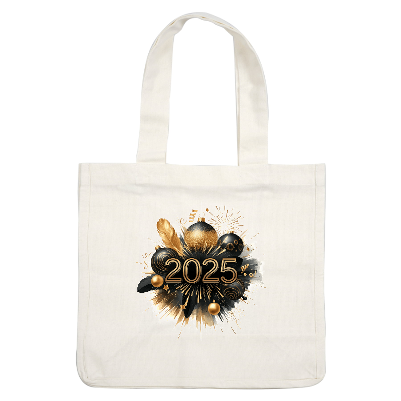 Celebrate the New Year with a festive design featuring gold and black ornaments, fireworks, and the year "2025" in bold letters.DTF Transfers