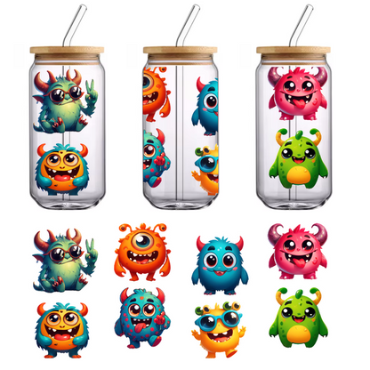 A vibrant collection of cute, cartoonish monsters in various colors, all featuring oversized eyes and playful expressions.UV Transfersdtf regular iron