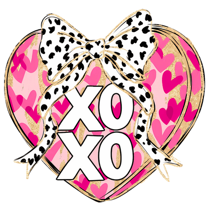 A vibrant heart design featuring pink hues, leopard print bow, and bold "XOXO" lettering, perfect for expressing love and affection.DTF Transfers