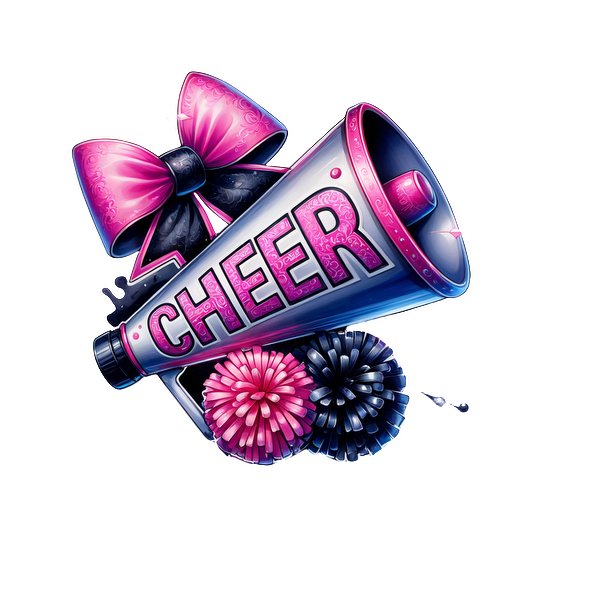 Colorful cheer megaphone with the word "CHEER," adorned with pink bows and pom-poms, perfect for spirited celebrations!DTF Transfersdtf regular iron