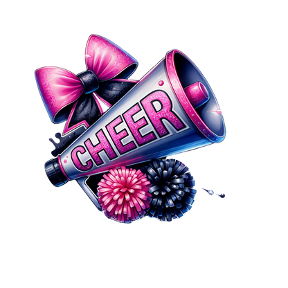 Colorful cheer megaphone with the word "CHEER," adorned with pink bows and pom-poms, perfect for spirited celebrations!DTF Transfersdtf regular iron