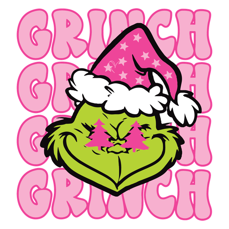 A playful illustration of the Grinch features his grumpy expression with a pink starry Santa hat, surrounded by bold text.DTF Transfers heat press transfers heat press transfers