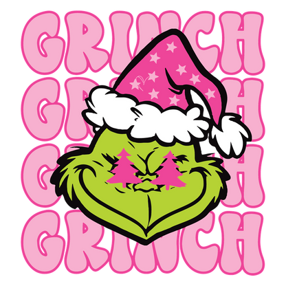 A playful illustration of the Grinch features his grumpy expression with a pink starry Santa hat, surrounded by bold text.DTF Transfers heat press transfers heat press transfers