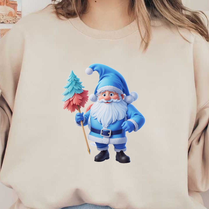 This cheerful, cartoon-style Santa is dressed in a blue outfit and holds a colorful, festive tree.DTF Transfers