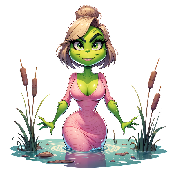 A playful green character in a pink dress emerges from a tranquil pond, surrounded by cattails and rocks.DTF Transfers dtf transfers